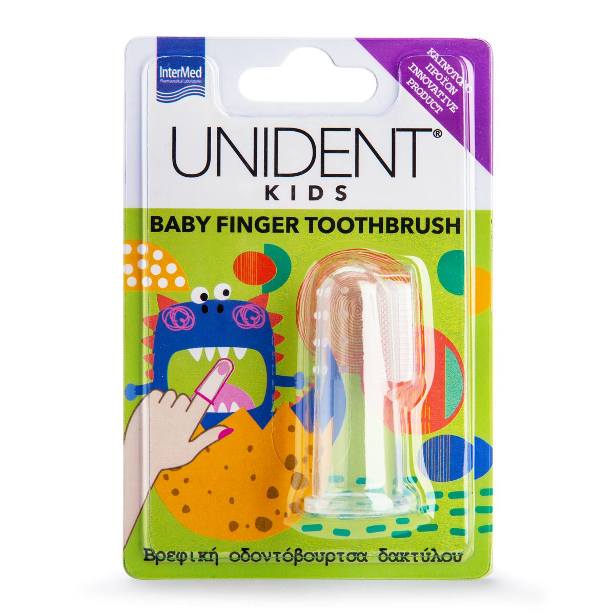 Συσκευασία του προϊόντος UNIDENT KIDS BABY FINGER TOOTHBRUSH της InterMed.