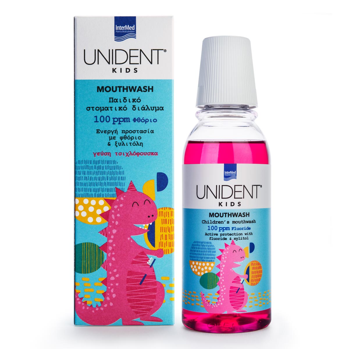 Συσκευασία του προϊόντος UNIDENT KIDS MOUTHWASH 100 ppm φθόριο της InterMed.
