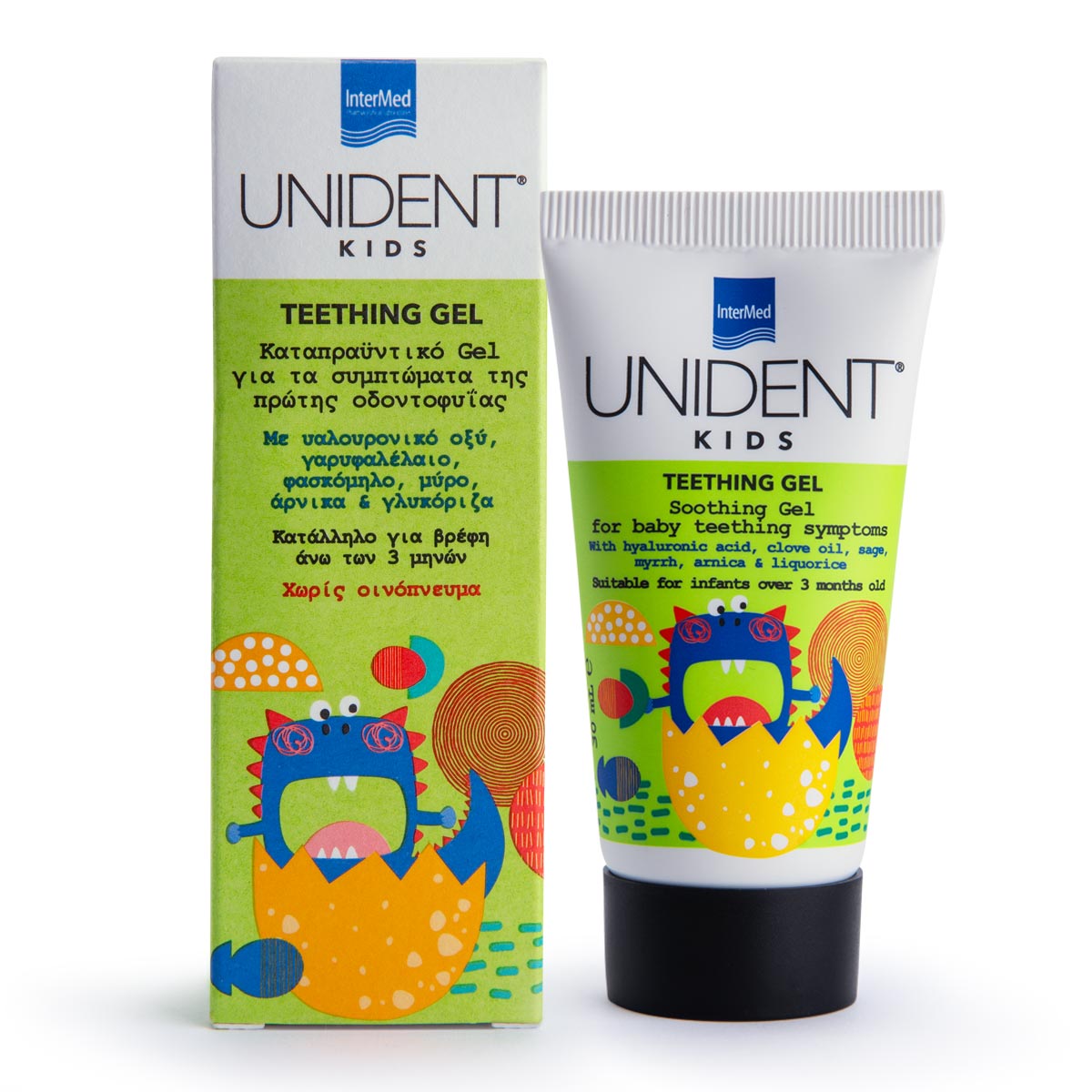 Συσκευασία του προϊόντος UNIDENT KIDS TEETHING GEL της InterMed.