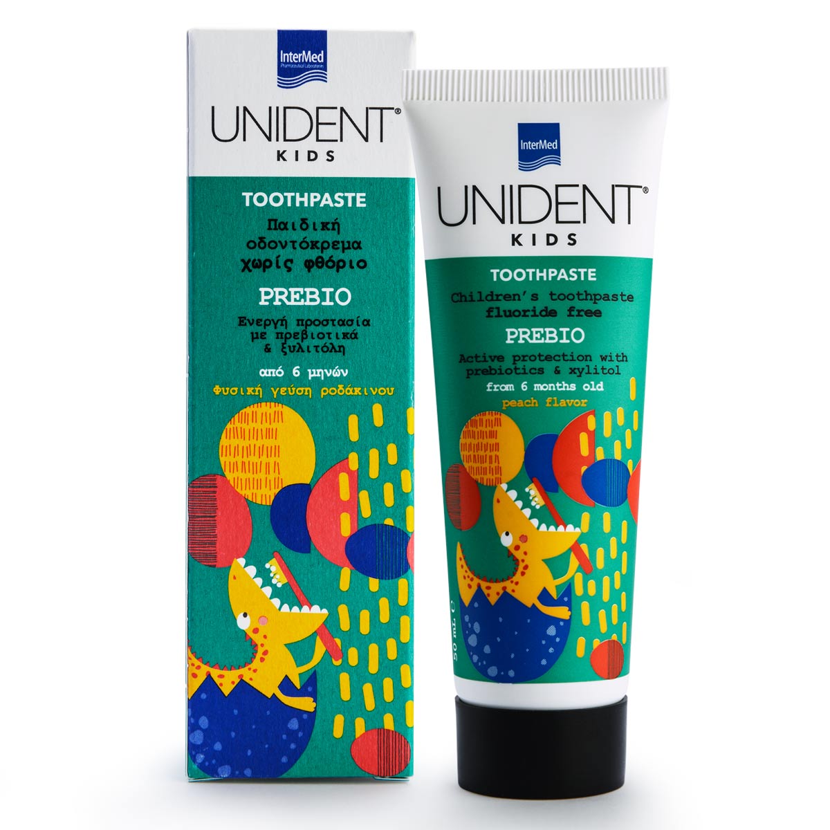 Συσκευασία του προϊόντος UNIDENT KIDS TOOTHPASTE PREBIO της InterMed.