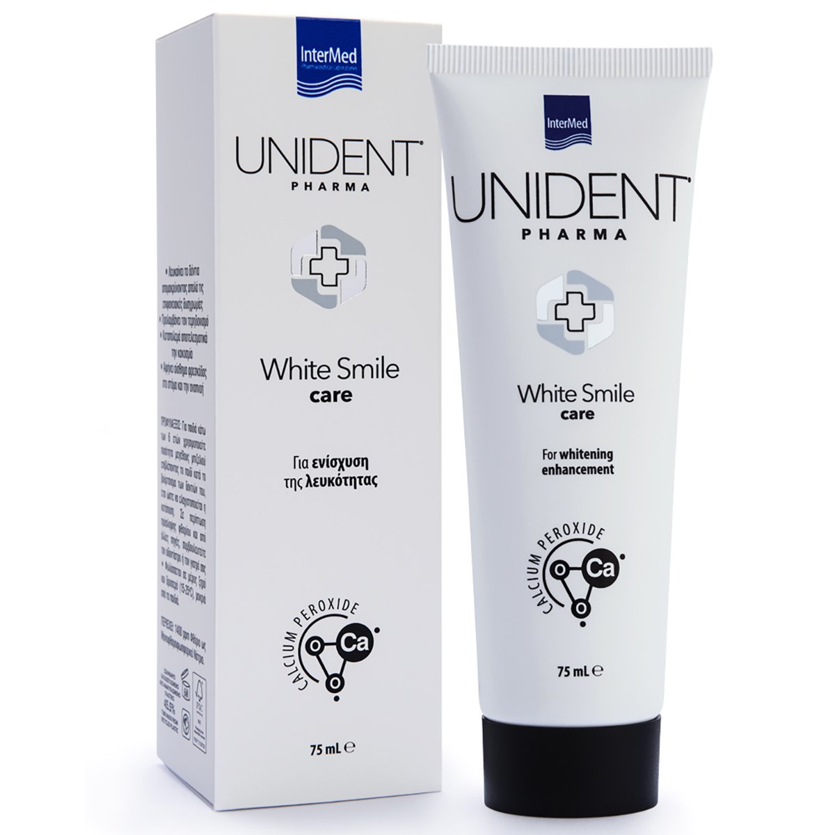 Συσκευασία του προϊόντος UNIDENT PHARMA White Smile Care της InterMed.