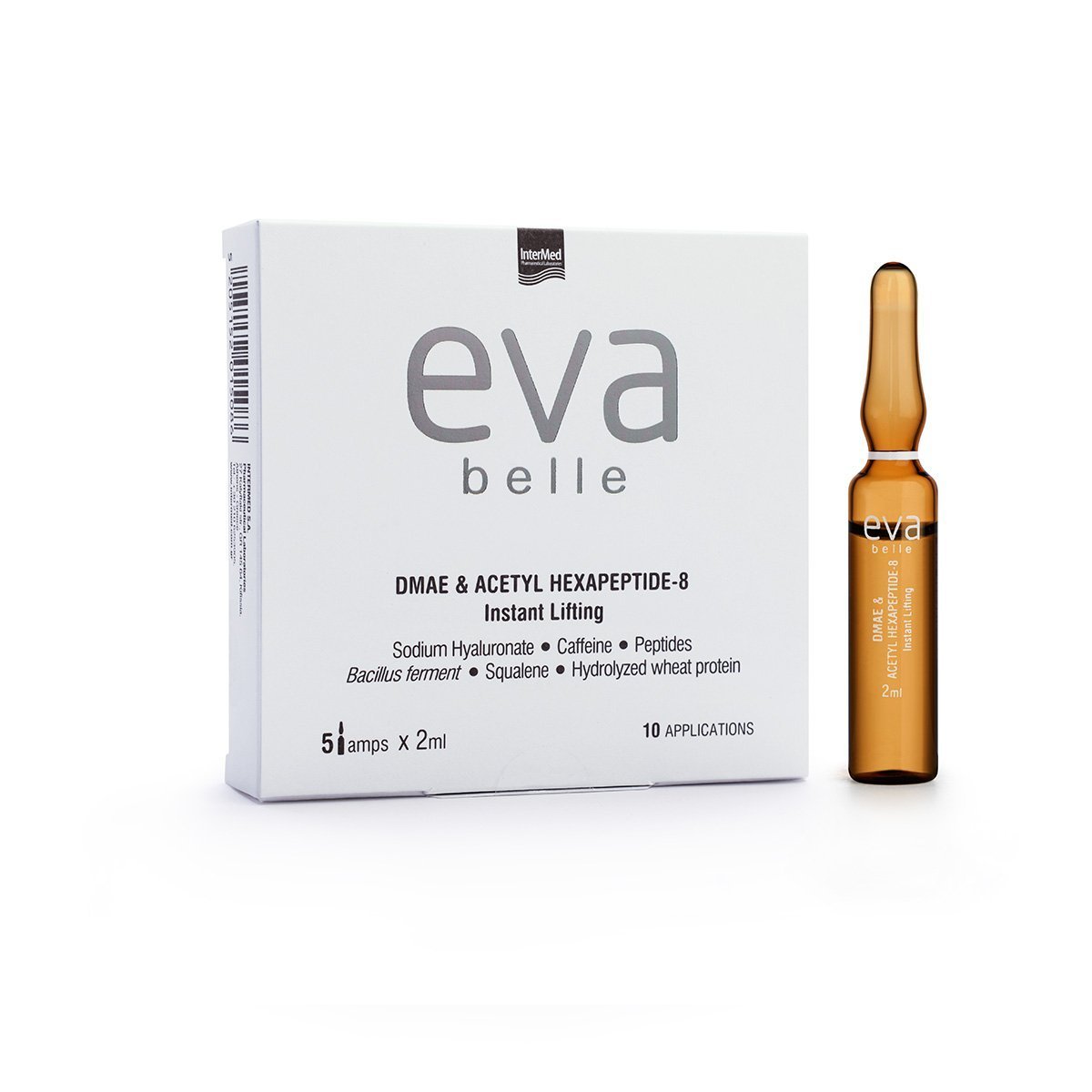 Συσκευασία του προϊόντος Eva Belle Αμπούλες DMAE & ACETYL HEXAPEPTIDE-8 από την InterMed.