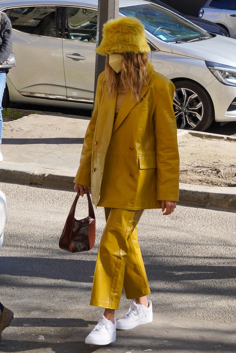 Hailey Bieber yellow suit
